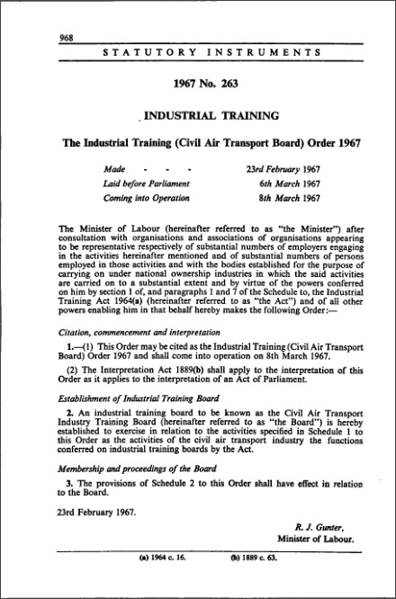 The Industrial Training (Civil Air Transport Board) Order 1967