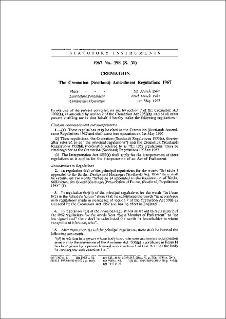 The Cremation (Scotland) Amendment Regulations 1967