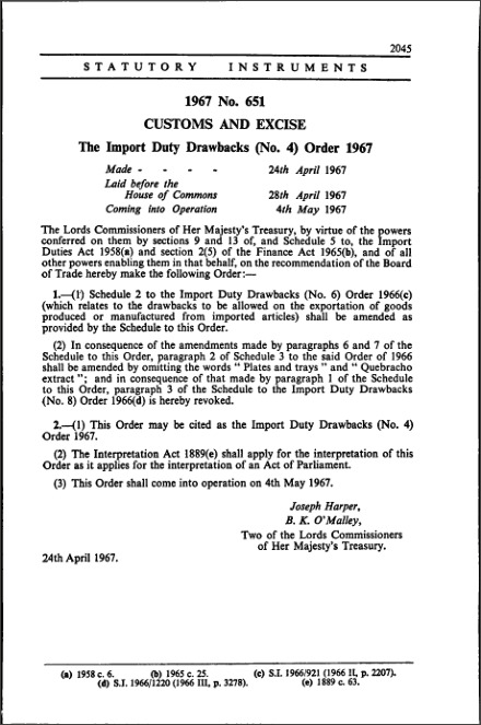 The Import Duty Drawbacks (No. 4) Order 1967
