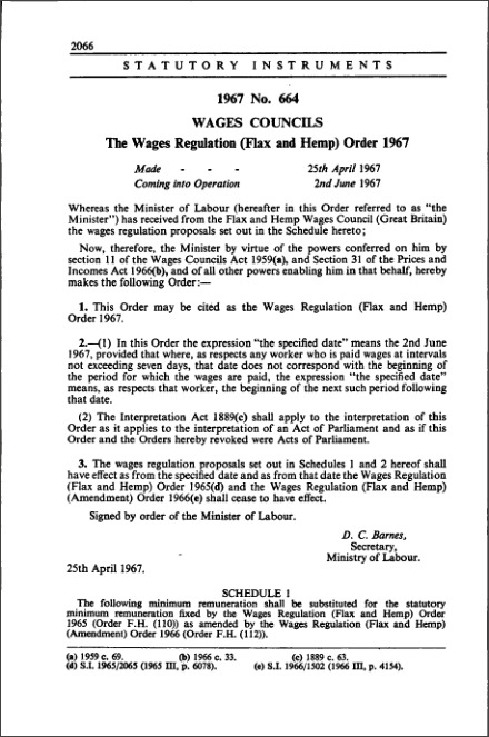 The Wages Regulation (Flax and Hemp) Order 1967