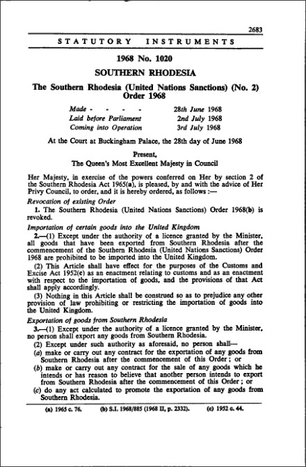 The Southern Rhodesia (United Nations Sanctions) (No. 2) Order 1968