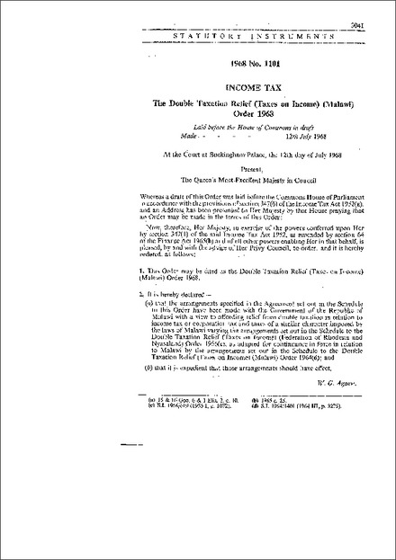 The Double Taxation Relief (Taxes on Income) (Malawi) Order 1968