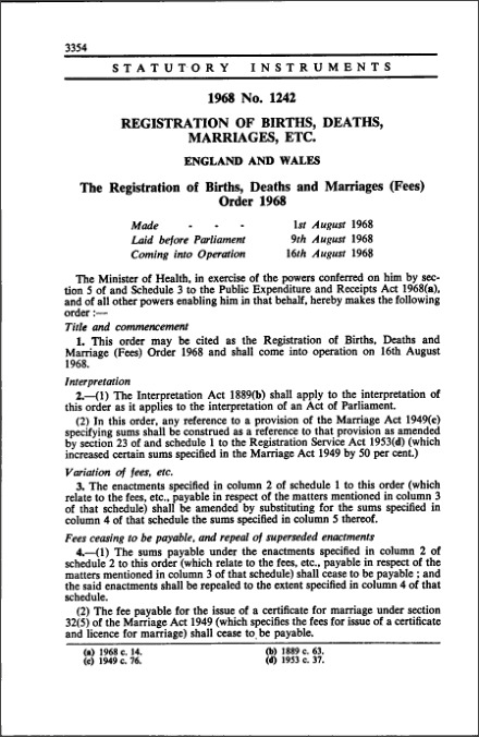The Registration of Births, Deaths and Marriages (Fees) Order 1968