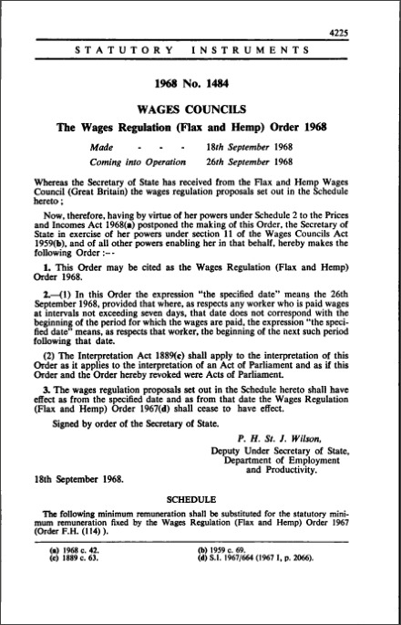 The Wages Regulation (Flax and Hemp) Order 1968