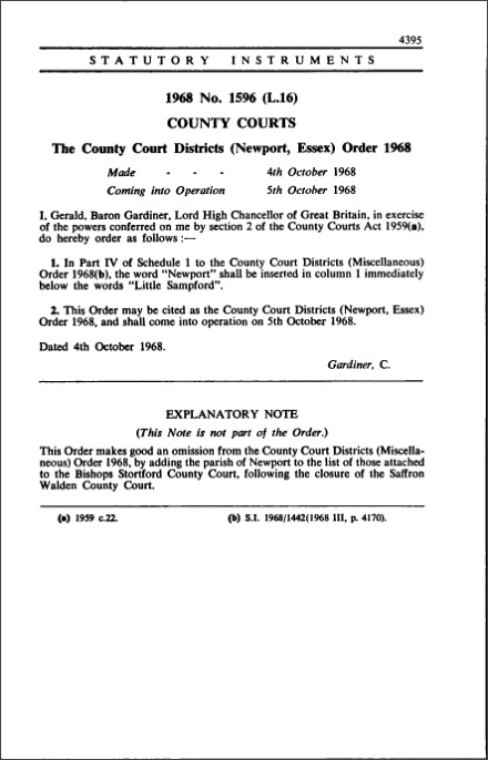 The County Court Districts (Newport, Essex) Order 1968