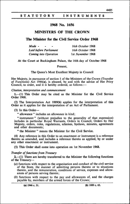 The Minister for the Civil Service Order 1968