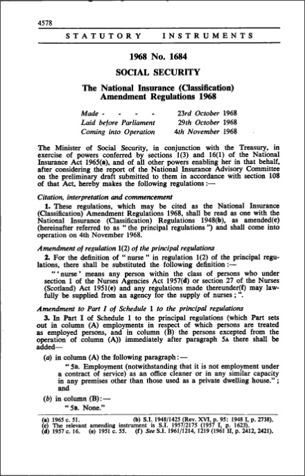 The National Insurance (Classification) Amendment Regulations 1968