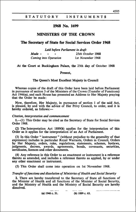 The Secretary of State for Social Services Order 1968