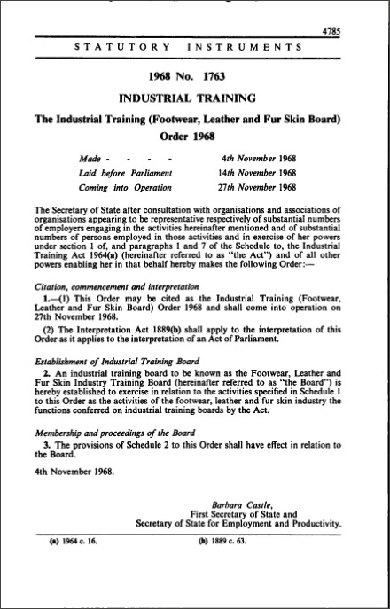 The Industrial Training (Footwear, Leather and Fur Skin Board) Order 1968