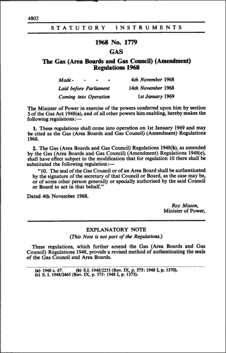 The Gas (Area Boards and Gas Council) (Amendment) Regulations 1968