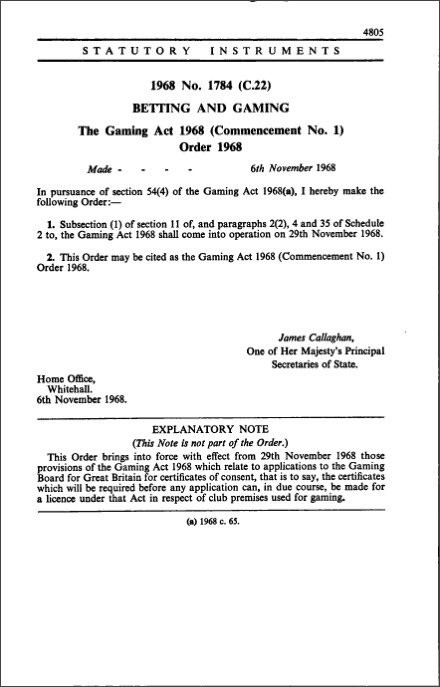 The Gaming Act 1968 (Commencement No. 1) Order 1968