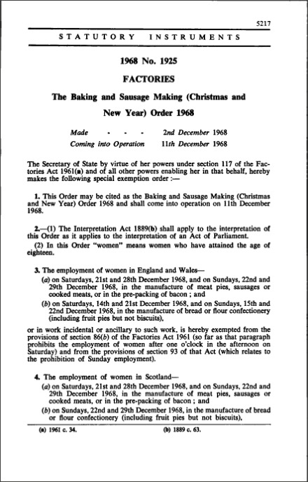 The Baking and Sausage Making (Christmas and New Year) Order 1968