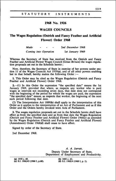 The Wages Regulation (Ostrich and Fancy Feather and Artificial Flower) Order 1968