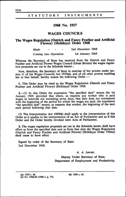 The Wages Regulation (Ostrich and Fancy Feather and Artificial Flower) (Holidays) Order 1968