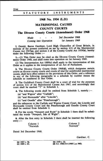 The Divorce County Courts (Amendment) Order 1968
