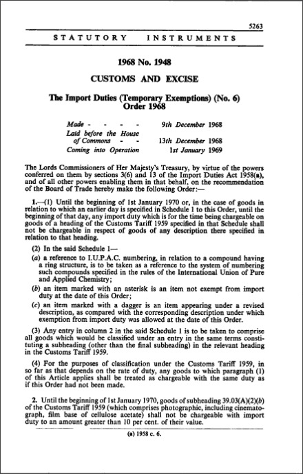 The Import Duties (Temporary Exemptions) (No. 6) Order 1968