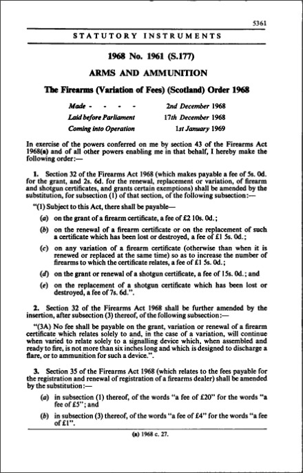 The Firearms (Variation of Fees) (Scotland) Order 1968