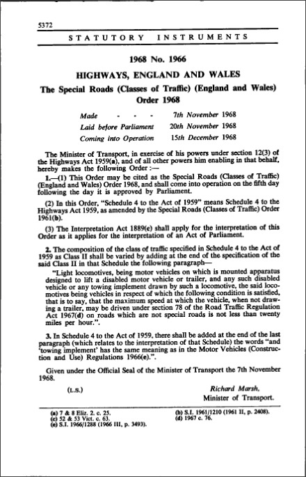 The Special Roads (Classes of Traffic) (England and Wales) Order 1968