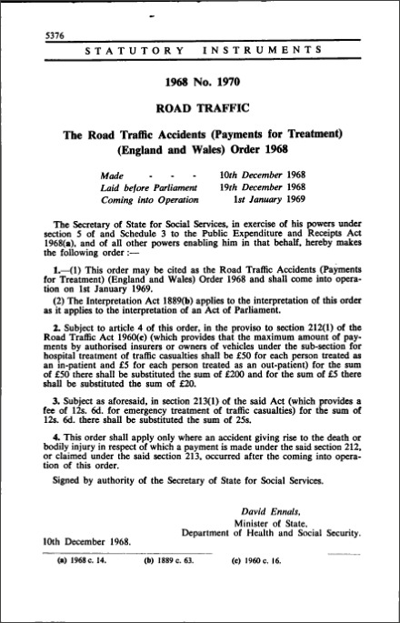 The Road Traffic Accidents (Payments for Treatment) (England and Wales) Order 1968