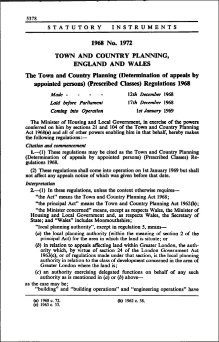 The Town and Country Planning (Determination of Appeals by Appointed Persons) (Prescribed Classes) Regulations 1968