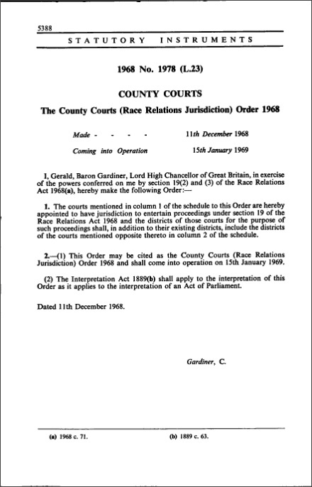 The County Courts (Race Relations Jurisdiction) Order 1968