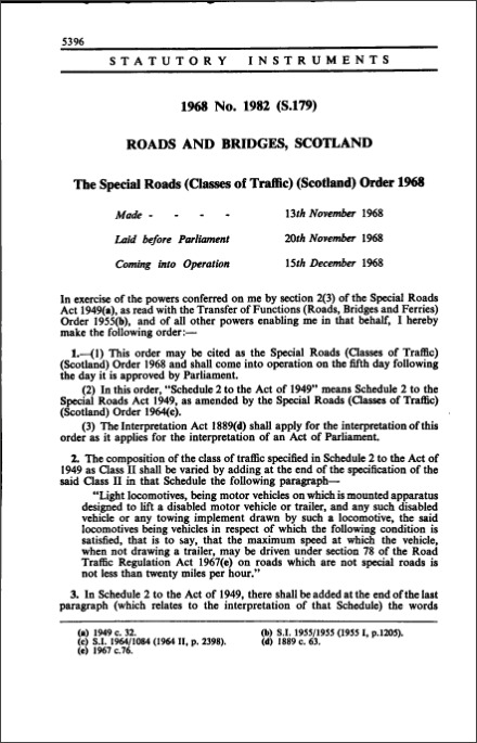 The Special Roads (Classes of Traffic) (Scotland) Order 1968