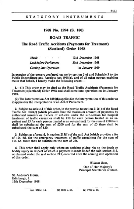 The Road Traffic Accidents (Payments for Treatment) (Scotland) Order 1968