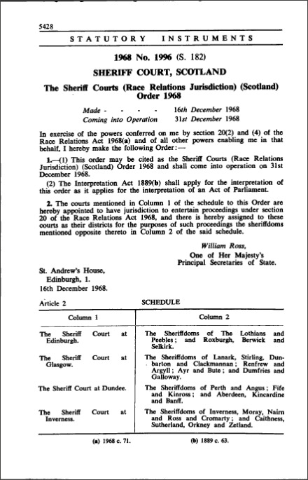 The Sheriff Courts (Race Relations Jurisdiction) (Scotland) Order 1968