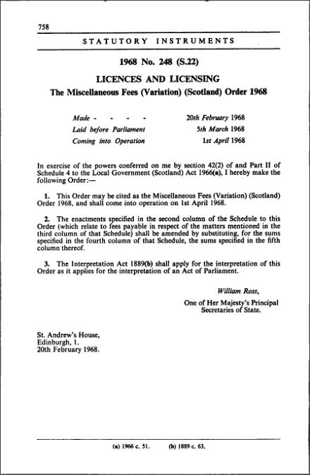 The Miscellaneous Fees (Variation) (Scotland) Order 1968