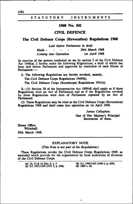 The Civil Defence Corps (Revocation) Regulations 1968