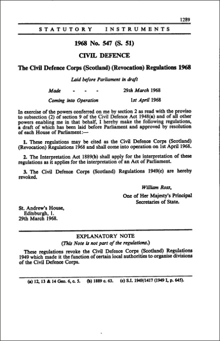 The Civil Defence Corps (Scotland) (Revocation) Regulations 1968