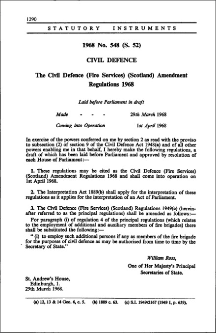 The Civil Defence (Fire Services) (Scotland) Amendment Regulations 1968