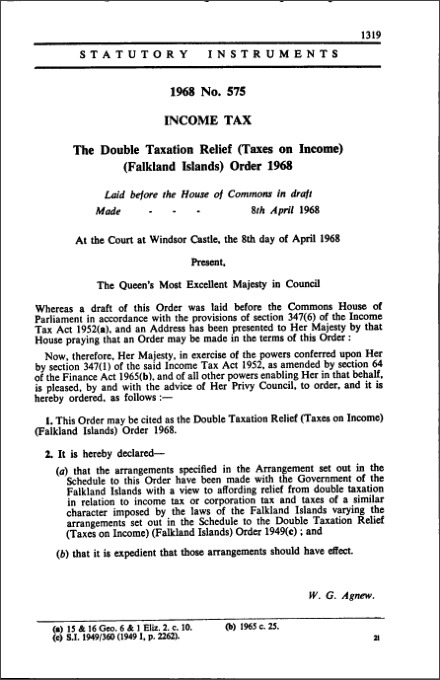 The Double Taxation Relief (Taxes on Income) (Falkland Islands) Order 1968