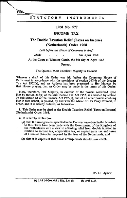 The Double Taxation Relief (Taxes on Income) (Netherlands) Order 1968