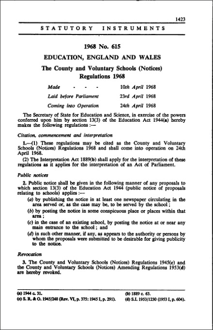 The County and Voluntary Schools (Notices) Regulations 1968