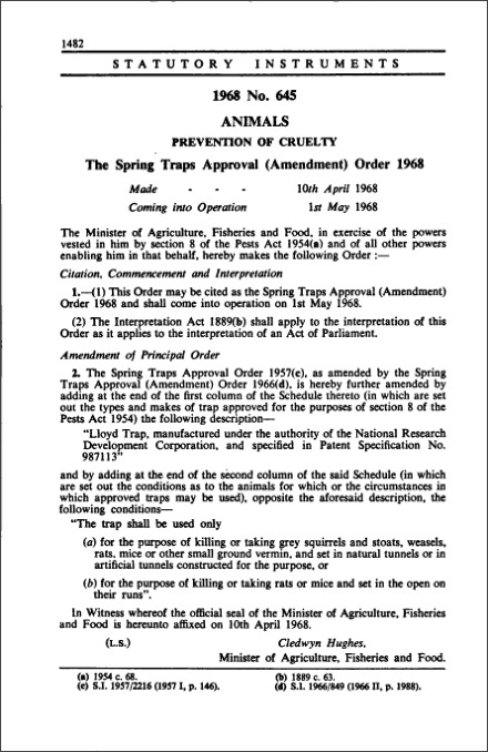 The Spring Traps Approval (Amendment) Order 1968