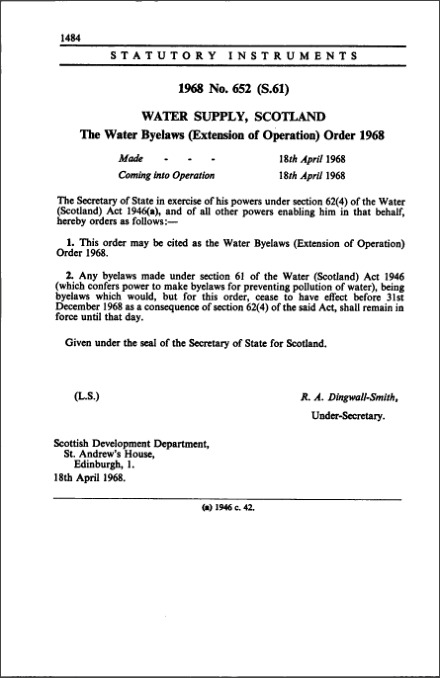The Water Byelaws (Extension of Operation) Order 1968