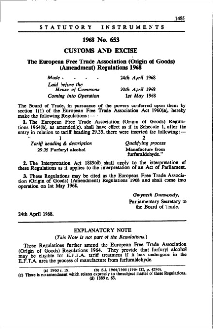 The European Free Trade Association (Origin of Goods) (Amendment) Regulations 1968