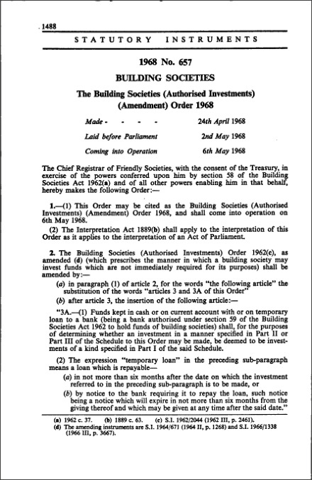 The Building Societies (Authorised Investments) (Amendment) Order 1968