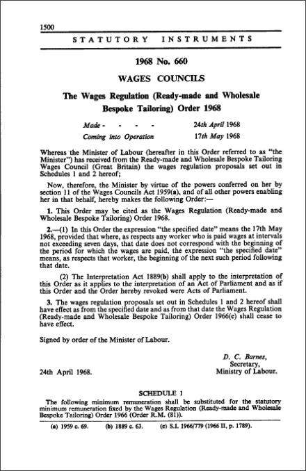 The Wages Regulation (Ready-made and Wholesale Bespoke Tailoring) Order 1968