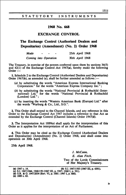 The Exchange Control (Authorised Dealers and Depositaries) (Amendment) (No. 2) Order 1968