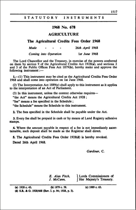 The Agricultural Credits Fees Order 1968