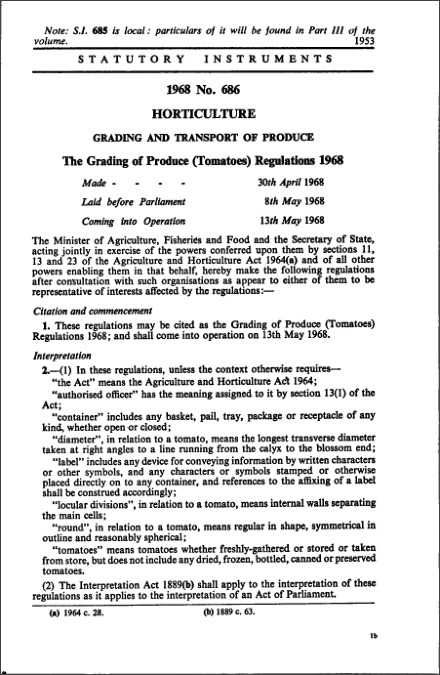 The Grading of Produce (Tomatoes) Regulations 1968