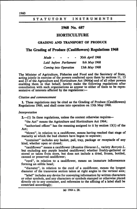 The Grading of Produce (Cauliflowers) Regulations 1968