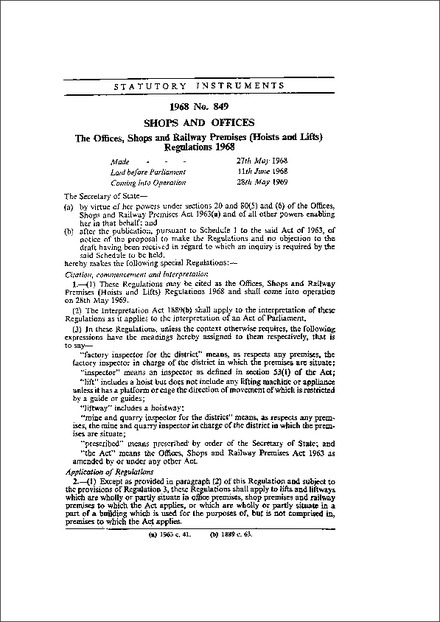 The Offices, Shops and Railway Premises (Hoists and Lifts) Regulations 1968