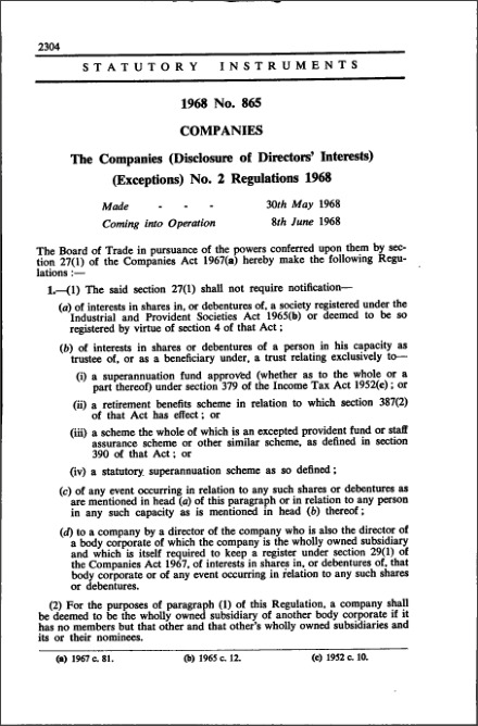 The Companies (Disclosure of Directors' Interests) (Exceptions) No. 2 Regulations 1968
