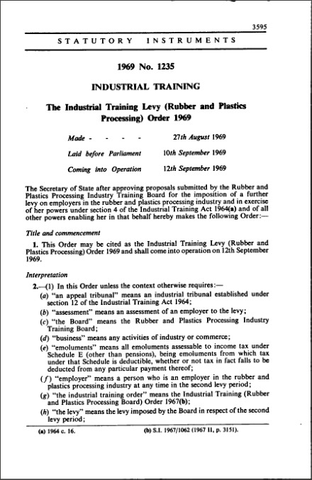 The Industrial Training Levy (Rubber and Plastics Processing) Order 1969