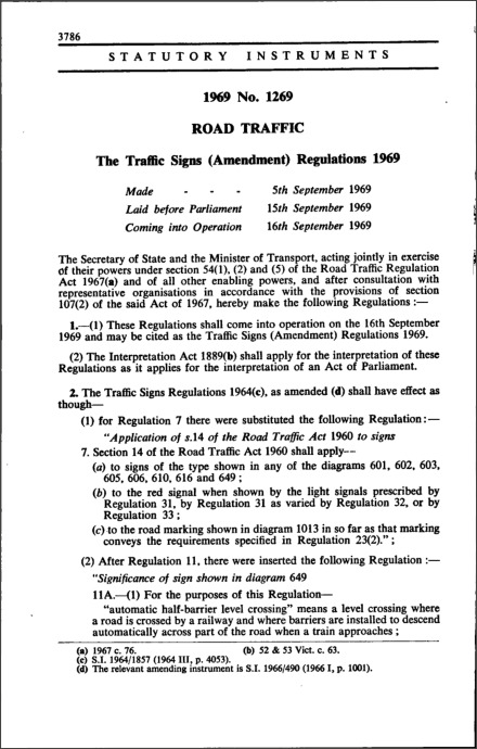 The Traffic Signs (Amendment) Regulations 1969