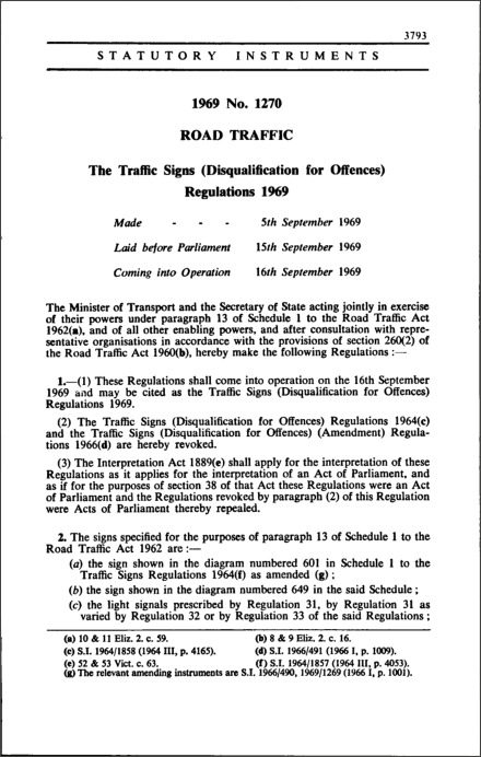 The Traffic Signs (Disqualification for Offences) Regulations 1969