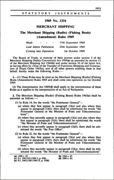 The Merchant Shipping (Radio) (Fishing Boats) (Amendment) Rules 1969